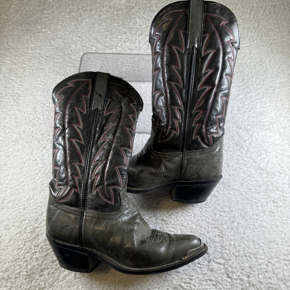 Durango Western Boots Women 7D Grey Black Red Stitch Leather Pointed Toe Good